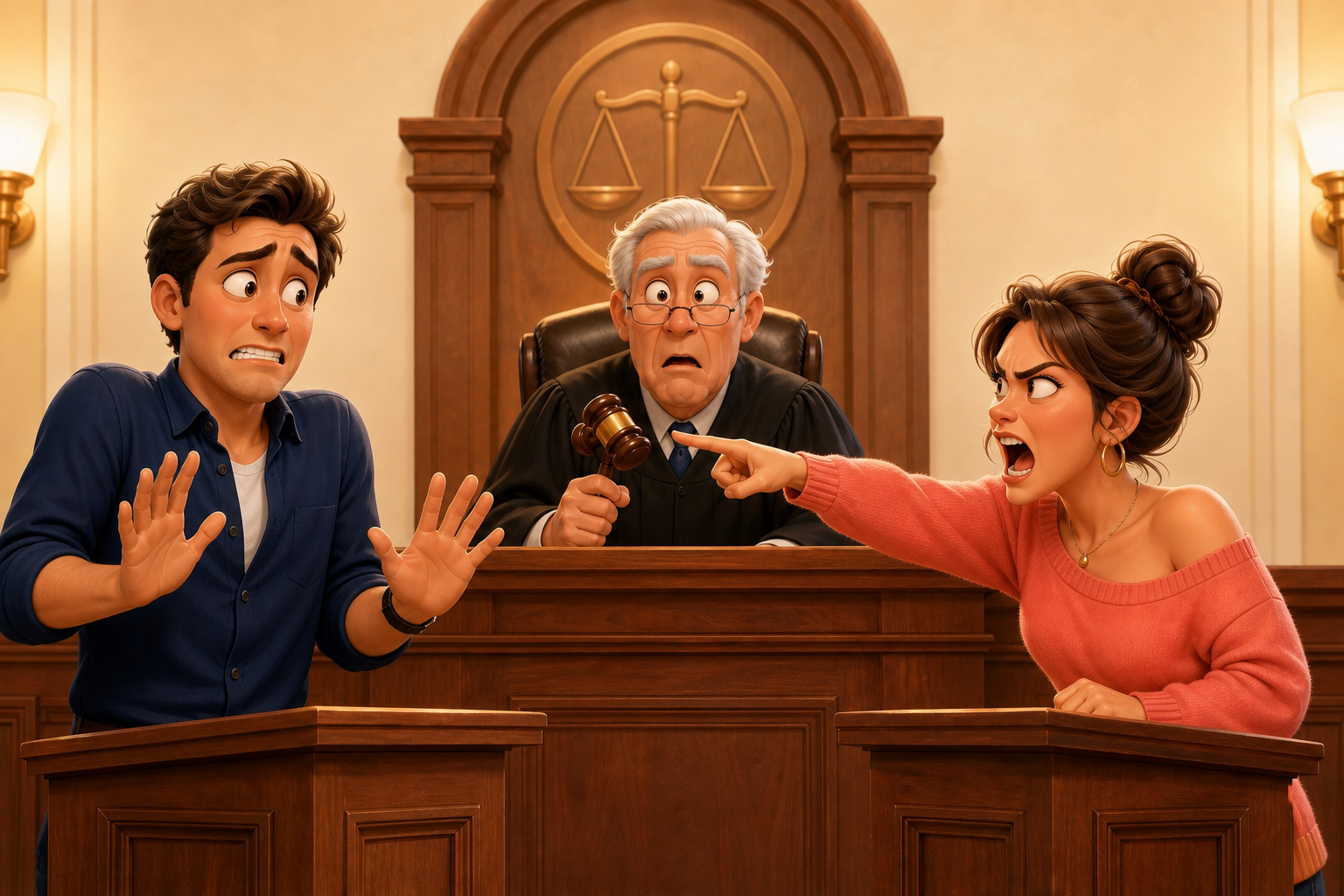 A furious woman confronts her nervous partner while a stunned Couple Court judge looks on